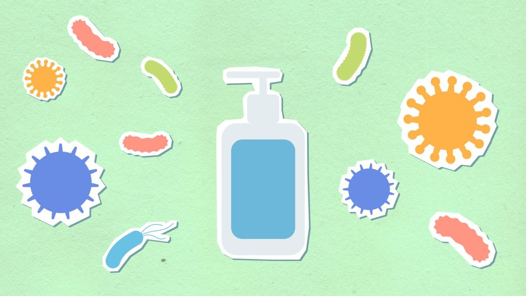 cutout paper composition of sanitizer between viruses and microbes